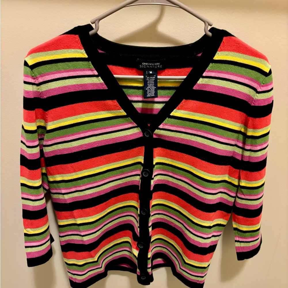 Jones New York Signature Stripped Cardigan Sweater M Women’s Button Up